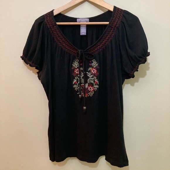 Laura Scott Tops - Laura Scott Embroidered Black Peasant Shirt 16/18